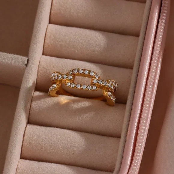 Chain Link Zircon‎ 18K Gold Plated Stainless Steel Ring Size 8 - Picture 6 of 12